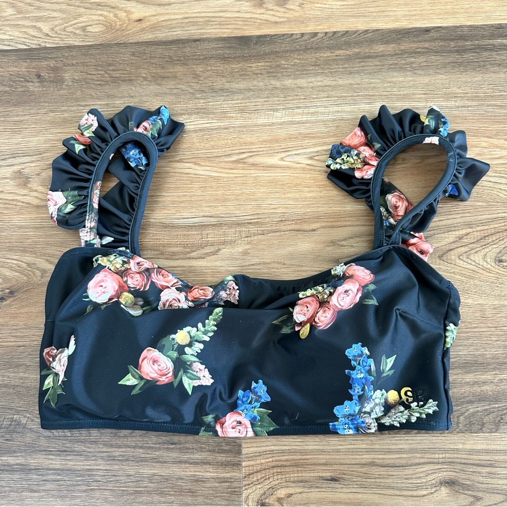 Albion Black Floral Ruffle Bikini Top - Pink & Blue Flowers